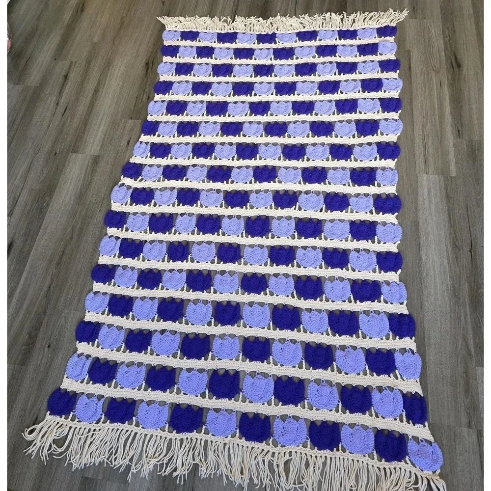 Vintage Handmade Crochet Purple & Cream Tulip Tulips Afghan Throw Blanket 85x45